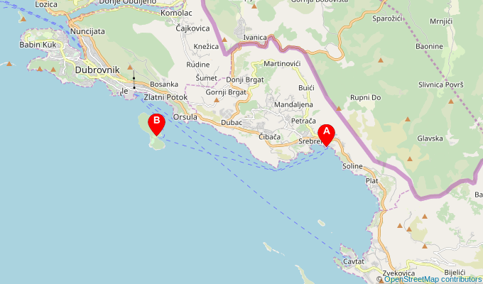 Map of ferry route between Mlini and Lokrum (Portoc Bay)